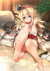 Rule 34 | 10s, 1girl, arm support, bare legs, barefoot, blonde hair, blue eyes, braid, breasts, collarbone, corset, dress, feet, french braid, hair between eyes, hair ornament, hairband, highres, kantai collection, large breasts, leg lift, unworn legwear, lips, long hair, looking at viewer, parted lips, perspective, rock, sand, shibi, signature, sitting, soles, solo, thighhighs, thighs, toes, tree, warspite (kancolle), water, wet, white dress, white thighhighs