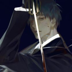 Rule 34 | 1boy, black gloves, blood, blood on face, blood in hair, bloody weapon, blue eyes, blue hair, cropped, formal, gloves, heterochromia, holding, holding sword, holding weapon, male focus, original, parted lips, red eyes, rei (sanbonzakura), solo, suit, sword, teeth, upper teeth only, weapon