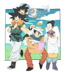 Rule 34 | 1girl, 3boys, :d, :o, ^ ^, basket, black hair, blanket, boots, brothers, carrying, carrying over shoulder, child, chinese clothes, closed eyes, cloud, cloudy sky, couple, day, dragon ball, dragonball z, expressionless, eyelashes, family, father and son, full body, grass, happy, hetero, koinobori, leg up, long sleeves, looking at another, mother and son, multiple boys, nature, neckerchief, open mouth, outdoors, outside border, paper hat, purple neckerchief, siblings, simple background, sky, smile, socks, standing, surprised, toy, walking, white background, windsock