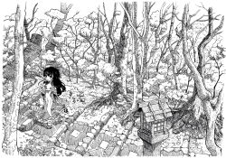 Rule 34 | 1girl, bare shoulders, detached sleeves, etogami kazuya, female focus, forest, greyscale, hakurei reimu, highres, japanese clothes, long hair, looking back, miko, monochrome, nature, outdoors, scenery, solo, stairs, stone lantern, touhou, tree