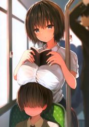 Rule 34 | 1girl, 2boys, absurdres, blue eyes, blurry, blurry background, book, bow, breast rest, breasts, breasts on head, brown hair, bus interior, closed mouth, day, faceless, faceless male, highres, holding, holding book, large breasts, long sleeves, looking at viewer, multiple boys, original, red bow, scan, shirt, short hair, short sleeves, simple background, sitting, skirt, sune (mugendai), upper body, window