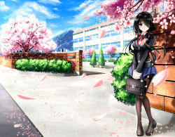 Rule 34 | 10s, 1girl, absurdres, black hair, black pantyhose, blue skirt, briefcase, cherry blossoms, contrail, date a live, day, hair over one eye, heterochromia, highres, legs together, long hair, looking at viewer, md5 mismatch, outdoors, pantyhose, pleated skirt, red eyes, resolution mismatch, school briefcase, school uniform, skirt, sky, smile, solo, source smaller, tokisaki kurumi, tsubasaki, yellow eyes
