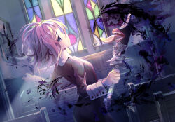 Rule 34 | 1other, androgynous, black blood, black dress, blood, blood splatter, choppy bangs, church, crona (soul eater), dress, from side, grey eyes, hair between eyes, highres, holding, holding sword, holding weapon, indoors, long sleeves, looking at viewer, mkr (wepn3428), night, pink hair, profile, ragnarok (demon sword), ringed eyes, short hair, solo, soul eater, stained glass, sword, upper body, weapon