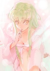 Rule 34 | 1girl, artist name, breasts, c.c., cheese-kun, cleavage, code geass, creayus, downblouse, green hair, lipstick, long hair, looking at viewer, makeup, medium breasts, open mouth, robe, solo, twitter username, yellow eyes
