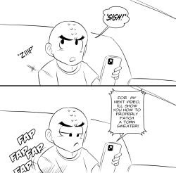 Rule 34 | 1boy, bald, cellphone, comic, commentary, couch, dragon ball, dragonball z, english text, facial mark, forehead mark, frown, funsexydb, greyscale, half-closed eyes, highres, holding, holding phone, implied masturbation, kuririn, male focus, monochrome, phone, shirt, sitting, smartphone, solo, t-shirt