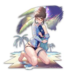 Rule 34 | 1girl, artist request, barefoot, beach, bracelet, brown hair, coconut, coconut tree, game cg, glasses, hair bun, jewelry, kneeling, looking at viewer, mahjong soul, ninomiya hana, official art, one-piece swimsuit, palm tree, puddle, red-framed eyewear, shirt, simple background, single hair bun, swimsuit, third-party source, transparent background, tree, undressing, wet, wet clothes, wet hair, wet shirt, yostar