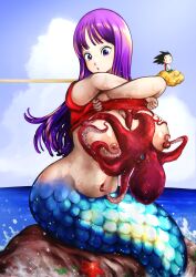 Rule 34 | 1boy, 1girl, :o, absurdres, breasts, breasts out, clothed sex, clothes lift, dragon ball, grabbing, grabbing another&#039;s breast, highres, huge breasts, interspecies, kyuugata, long hair, mermaid, mermaid (dragon ball), monster girl, nipples, octopus, purple eyes, purple hair, rock, shirt grab, shirt lift, sitting, son goku, surprised, tentacles, water