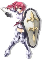 Rule 34 | armored boots, atelier-moo, bare shoulders, blue eyes, boots, breasts, closed mouth, curtained hair, detached sleeves, flail, hair between eyes, holding, holding flail, holding shield, holding weapon, large breasts, long hair, pigeon-toed, red hair, shield, side ponytail, sideboob, skirt, spica celest, standing, thighhighs, thighs, weapon, wizards symphony, zettai ryouiki