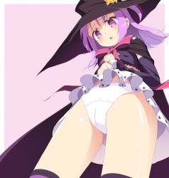 Rule 34 | 1girl, arm warmers, belt, black cape, black hat, black shirt, black sleeves, blush, brown belt, cape, commission, criss-cross halter, crop top, detached sleeves, gem, hair bobbles, hair ornament, halterneck, hat, highres, kuu nekoneko, magia record: mahou shoujo madoka magica gaiden, magical girl, mahou shoujo madoka magica, medium hair, miniskirt, misono karin, open mouth, panties, parted bangs, parted hair, pink ribbon, pleated skirt, purple eyes, purple hair, ribbon, shirt, skirt, solo, star (symbol), two side up, underwear, white panties, white skirt, witch hat, yellow gemstone