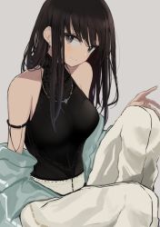 Rule 34 | 1girl, bare shoulders, black hair, black shirt, blue jacket, blush, breasts, closed mouth, commentary request, earrings, feet out of frame, grey background, grey eyes, hand on own knee, hand up, highres, hinomaru (futagun), jacket, jewelry, knee up, long hair, looking at viewer, medium breasts, nail polish, necklace, off shoulder, open clothes, open jacket, original, pants, pink nails, shirt, simple background, sitting, sleeveless, sleeveless shirt, smile, solo, very long hair, white pants