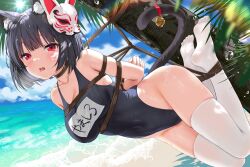 Rule 34 | 1girl, animal ear fluff, animal ears, arms behind back, asphyxiation, azur lane, bdsm, bell, black hair, bondage, bound, breasts, cat tail, collarbone, covered navel, devil heavens, highres, large breasts, no shoes, official alternate costume, outdoors, peril, red eyes, rope, saliva, school swimsuit, shibari, short hair, skindentation, suspension, swimsuit, tail, tail bell, tail ornament, tearing up, thighhighs, wet, white thighhighs, yamashiro (azur lane), yamashiro (summer offensive?) (azur lane)