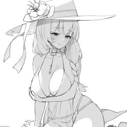 Rule 34 | 1girl, angcha, arm support, belt collar, bikini, blush, braid, braided ponytail, breast hold, breasts, cleavage, collar, flower, goddess of victory: nikke, greyscale, hat, hat flower, highres, jewelry, large breasts, large hat, long hair, low side ponytail, mary (bay goddess) (nikke), mary (nikke), monochrome, necklace, official alternate costume, simple background, sitting, smile, solo, string bikini, sun hat, swimsuit, swimsuit cover-up, unusually open eyes, white background