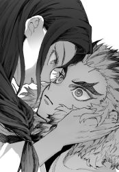 Rule 34 | 1boy, 1girl, braid, closed mouth, forked eyebrows, greyscale, hands on own face, highres, kimetsu no yaiba, long hair, looking at another, maki keigo, monochrome, mother and son, multicolored hair, noses touching, parted lips, rengoku kyoujurou, rengoku ruka, simple background, single braid, thick eyebrows, upper body