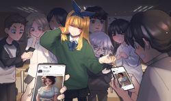 Rule 34 | &gt; &lt;, 3boys, 5girls, = =, ^ ^, absurdres, adjusting hair, ai-assisted, among us eyes (meme), arm up, black-framed eyewear, black eyes, black hair, black pants, black pantyhose, black skirt, black sleeves, black sweater, blonde girl (popopoka), blonde hair, blue hairband, blue ribbon, blunt bangs, blurry, blurry background, blush, cellphone, classroom, closed eyes, collared shirt, cowboy shot, dark-skinned female, dark skin, egg (aiu404l), english text, facial hair, fake screenshot, flat chest, glasses, green sweater, grey hair, hair bobbles, hair ornament, hairband, hand in pocket, hand up, hands on own cheeks, hands on own face, hands up, happy, head tilt, highres, holding, holding phone, indoors, long hair, looking at phone, looking down, matching hair/eyes, meme, miniskirt, multiple boys, multiple girls, mustache, neck ribbon, open mouth, original, own hands together, pants, pantyhose, parted bangs, phone, pleated skirt, popopoka, pov, raglan sleeves, ribbon, semi-rimless eyewear, shirt, short hair, sideways mouth, skirt, smartphone, smile, solo focus, stubble, sweater, teeth, twintails, white shirt, wide-eyed