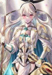 Rule 34 | 1girl, alternate costume, armor, blush, breasts, cape, corrin (female) (fire emblem), corrin (fire emblem), fire emblem, fire emblem fates, gloves, hair between eyes, hairband, highres, japanese armor, loincloth, long hair, looking at viewer, nintendo, official alternate costume, pointy ears, red eyes, simple background, small breasts, smile, snow20200, solo, white hair, yato (fire emblem)