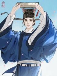 Rule 34 | 1boy, absurdres, bamboo slips, black hair, chinese clothes, closed mouth, flower, futou, hand fan, hanfu, hat, highres, holding, huahua w, long sleeves, looking at viewer, male focus, original, procreate (medium), sky, solo, standing, wide sleeves, yuanlingshan