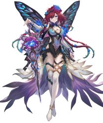 Rule 34 | 1girl, blue eyes, boots, breasts, brown hair, butterfly wings, cleavage, covered navel, facial mark, fairy, fairy wings, female focus, fire emblem, fire emblem heroes, floating, floating object, floating weapon, flower, full body, hair flower, hair ornament, hair over one eye, highres, insect wings, medium breasts, navel, nintendo, non-web source, official alternate costume, official art, plant hair, solo, sword, thigh boots, thighhighs, triandra (fire emblem), weapon, white thighhighs, wings