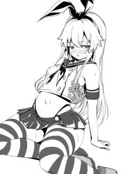 Rule 34 | 1girl, anchor hair ornament, baasaku (balasaku24), bad id, bad pixiv id, commentary request, crop top, dutch angle, elbow gloves, gloves, greyscale, hair ornament, hairband, highleg, highleg panties, kantai collection, long hair, looking at viewer, microskirt, miniskirt, monochrome, neckerchief, panties, pleated skirt, sailor collar, shimakaze (kancolle), skirt, solo, striped clothes, striped thighhighs, thighhighs, underwear
