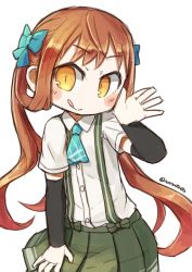 Rule 34 | 10s, 1girl, :q, arm warmers, asagumo (kancolle), ascot, blush, bow, brown hair, hair bow, kantai collection, nanatsuta, school uniform, solo, suspenders, tongue, tongue out, twintails, twitter username, v-shaped eyebrows, white background, yellow eyes