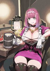 Rule 34 | 1girl, boots, breasts, chair, choker, cleavage, commentary request, commission, cup, dress, drink, earrings, food, frilled gloves, frills, gloves, green eyes, headband, heart pendant, highres, holding, holding cup, indoors, jewelry, jun (navigavi), lantern, large breasts, lock, looking at viewer, making-of available, medium hair, mug, necklace, on chair, original, pink hair, plunging neckline, puffy short sleeves, puffy sleeves, short dress, short sleeves, sitting, skeb commission, smile, solo, table, thick thighs, thigh boots, thighhighs, thighs, tongue, tongue out, white gloves