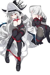 Rule 34 | 1girl, absurdres, arknights, arms behind back, ascot, bare shoulders, bdsm, black capelet, black dress, bondage, bound, bound ankles, bound arms, breast bondage, breasts, capelet, crotch rope, dress, grey ascot, grey hair, habit, highres, kinbakuman, long hair, long sleeves, looking at viewer, nun, pantyhose, pelvic curtain, red eyes, red rope, restrained, rope, shibari, shibari over clothes, simple background, smile, solo, specter (arknights), thighhighs, thighhighs over pantyhose, tied up (nonsexual), very long hair, white background