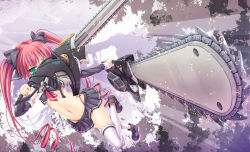 Rule 34 | 1girl, breasts, chainsaw, corvette (ko ru), detached sleeves, drill tails, dual wielding, green eyes, highres, holding, long hair, midriff, navel, original, red hair, ringlets, shoes, skirt, small breasts, solo, thighhighs, twintails, underboob, white thighhighs