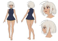 Rule 34 | 1girl, ahoge, bare arms, bare legs, bare shoulders, barefoot, commentary request, dark skin, dress, full body, highres, kumichou (ef65-1118-ef81-95), looking at viewer, multiple views, original, red eyes, short dress, white background, white hair