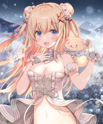Rule 34 | 1girl, :d, bare shoulders, blush, breasts, cleavage, commentary request, crescent, crescent hair ornament, detached sleeves, double bun, dress, fang, gloves, hair between eyes, hair bun, hair ornament, hairclip, hands up, highres, long hair, looking at viewer, medium breasts, mountain, navel, open mouth, original, puffy short sleeves, puffy sleeves, purple eyes, short sleeves, smile, snowing, solo, star (symbol), star hair ornament, tiara, two side up, very long hair, white dress, white gloves, white sleeves, x hair ornament, yadapot