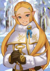 Rule 34 | alternate costume, artist name, blonde hair, brown gloves, capelet, coat, forest, fur collar, gloves, green eyes, green ribbon, grin, hair ornament, hairclip, highres, ivy (sena0119), long hair, long sleeves, nature, nintendo, outdoors, own hands together, pointy ears, princess zelda, ribbon, smile, snow, solo, teeth, the legend of zelda, tree, upper body, white capelet, white coat, winter clothes, winter coat