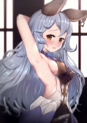 Rule 34 | 1girl, animal ears, arm behind head, arm up, armpits, bare shoulders, blue skirt, blurry, blurry background, blush, breasts, brown eyes, commentary request, depth of field, ear piercing, erune, ferry (granblue fantasy), granblue fantasy, grey hair, highres, long hair, medium breasts, nose blush, parted lips, piercing, presenting armpit, shirt, sideboob, skirt, sleeveless, sleeveless shirt, solo, steaming body, sweat, uneg, very long hair, white shirt, window
