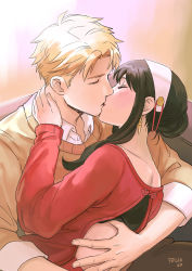 Rule 34 | 1boy, 1girl, artist name, black hair, blonde hair, blush, collared shirt, earrings, closed eyes, felia hanakata, hairband, hand on another&#039;s back, hand on another&#039;s neck, highres, hug, jewelry, kiss, long sleeves, red sweater, shirt, short hair, sidelocks, sleeves rolled up, spy x family, sweater, twilight (spy x family), white hairband, yor briar