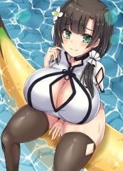 Rule 34 | 1girl, absurdres, assault lily, aweradefe, banana boat, between legs, black choker, black hair, black thighhighs, blunt bangs, blush, breasts, choker, cleavage, closed mouth, commentary request, flower, green eyes, hair flower, hair ornament, hair scrunchie, hand between legs, highres, huge breasts, inflatable toy, looking at viewer, scrunchie, shirt, sitting, solo, thighhighs, thighs, wang yujia, wet, white shirt