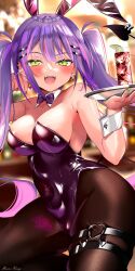 Rule 34 | 1girl, animal ears, areola slip, black pantyhose, blurry, blurry background, bow, bowtie, breasts, commentary request, covered navel, cup, curvy, demon tail, detached collar, drinking glass, ear piercing, fangs, food, fruit, green eyes, highres, holding, holding tray, hololive, large breasts, leg tattoo, leotard, lime (fruit), lime slice, long hair, medium breasts, mizuno kurage, multicolored nails, pantyhose, piercing, playboy bunny, purple hair, rabbit ears, sideboob, solo, tail, tattoo, thick thighs, thigh strap, thighs, tokoyami towa, tray, twintails, virtual youtuber, wide hips
