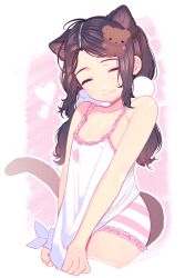 Rule 34 | 1girl, animal ears, bear hair ornament, blush, breasts, camisole, cat ears, cat girl, cat tail, closed eyes, closed mouth, clothes pull, cropped legs, hair ornament, heart, highres, lisa (faeuna), mole, mole under eye, original, shorts, simple background, small breasts, solo, striped clothes, striped shorts, tail, white camisole