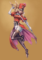 Rule 34 | 1girl, artist name, blonde hair, boots, commentary, commission, cric, dated, elbow gloves, english commentary, full body, gloves, hat, holding, holding sword, holding weapon, looking at viewer, puffy sleeves, rachel (seven knights), red headwear, seven knights, solo, sword, thigh boots, weapon, white gloves, yellow background