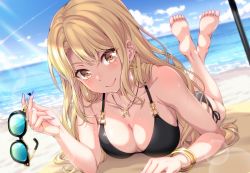 Rule 34 | 1girl, bang dream!, bare arms, bare legs, bare shoulders, barefoot, beach, bikini, black bikini, blonde hair, blue-tinted eyewear, blue nails, blue sky, blurry, blurry background, blush, bracelet, breasts, brown eyes, cage unlimited, cleavage, closed mouth, collarbone, commentary request, crossed ankles, day, depth of field, dutch angle, earrings, unworn eyewear, feet up, fingernails, foreshortening, glint, hair spread out, halterneck, hand up, holding, holding removed eyewear, horizon, jewelry, kirigaya toko, large breasts, lens flare, long fingernails, long hair, looking at viewer, lying, nail polish, necklace, ocean, on stomach, outdoors, pendant, shore, side-tie bikini bottom, sky, smile, soles, solo, sunglasses, sunlight, swimsuit, the pose, tinted eyewear, toes, water, water drop, wet
