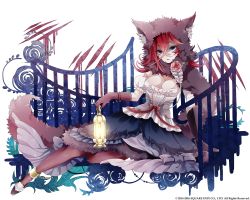 Rule 34 | 10s, 1girl, 2016, animal hood, anklet, bati15, breasts, brown eyes, brown gloves, chain, cleavage, dress, flower, full body, gloves, hood, jewelry, kai-ri-sei million arthur, lantern, looking at viewer, million arthur (series), official art, red hair, rose, sitting, solo, tail, watermark