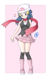 Rule 34 | 1girl, absurdres, bare arms, beanie, black shirt, black thighhighs, blue eyes, blue hair, blush, boots, breasts, closed mouth, commentary request, creatures (company), dawn (pokemon), eyelashes, floating scarf, full body, game freak, hair ornament, hairclip, hat, highres, long hair, nintendo, over-kneehighs, pink footwear, pink skirt, pokemon, pokemon dppt, red scarf, scarf, shirt, signature, skirt, sleeveless, sleeveless shirt, smile, solo, standing, star (symbol), tax2rin, thighhighs, white hat