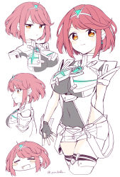 Rule 34 | 1girl, absurdres, bafarin, black gloves, breasts, chest jewel, earrings, fingerless gloves, gloves, highres, jewelry, large breasts, pyra (xenoblade), red eyes, red hair, red shorts, short hair, short shorts, shorts, solo, swept bangs, tiara, xenoblade chronicles (series), xenoblade chronicles 2