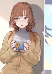 Rule 34 | 1girl, averting eyes, backpack, bag, blush, box, breasts, brown cardigan, brown eyes, brown hair, buttons, cardigan, commentary, embarrassed, eyelashes, gift, gift box, giving, grey sweater, highres, holding, holding box, holding gift, incoming gift, jun (navigavi), long sleeves, looking to the side, medium breasts, medium hair, open mouth, original, outdoors, ribbed sweater, shadow, solo, standing, sweatdrop, sweater, turtleneck, turtleneck sweater, upper body, valentine, wall