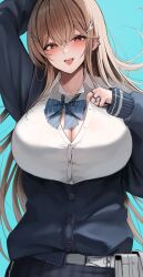 Rule 34 | 1girl, blue bow, blue bowtie, blue cardigan, bow, bowtie, breasts, brown eyes, brown hair, button gap, cardigan, claw ring, cleavage, commentary request, goddess of victory: nikke, gyaru, hair ornament, hairclip, hana hebi, highres, jewelry, large breasts, long hair, looking at viewer, multiple rings, open mouth, partially unbuttoned, ring, shirt, smile, solo, spike piercing, tia (nikke), tongue, upper body, white shirt