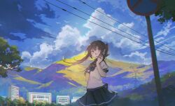 Rule 34 | 1girl, axleaki, bird, blue bow, blue bowtie, blue sailor collar, blue skirt, blush, bow, bowtie, brown eyes, brown hair, building, chromatic aberration, cloud, commentary request, cowboy shot, day, highres, holding walkie-talkie, lens flare, long hair, mountainous horizon, original, outdoors, pleated skirt, power lines, puffy short sleeves, puffy sleeves, sailor collar, scenery, school uniform, serafuku, short sleeves, skirt, sky, solo, summer, transmission tower, tree, twintails, walkie-talkie, white serafuku