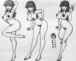 Rule 34 | 1girl, 2023, :&gt;, alternate breast size, ass, barefoot, blush, completely nude, curvy, dated, embarrassed, full body, hair down, highres, holi day las, long hair, looking at viewer, monochrome, neon genesis evangelion, nipples, nude, pubic hair, smile, solo, souryuu asuka langley, standing, standing on one leg, sweat, traditional media, translation request, underwear, v, wide hips