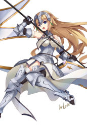 Rule 34 | 1girl, :o, armor, armored boots, armored dress, blonde hair, blue eyes, boots, breasts, fate/apocrypha, fate/grand order, fate (series), faulds, flag, flagpole, forehead protector, gauntlets, headpiece, jeanne d&#039;arc (fate), jeanne d&#039;arc (ruler) (fate), jeanne d&#039;arc (third ascension) (fate), kurokage, large breasts, long hair, ruler (fate/grand order), sheath, sheathed, signature, solo, sword, thighhighs, very long hair, weapon