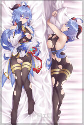 Rule 34 | 1girl, ahoge, bare arms, bare shoulders, bed, bell, black pantyhose, blue gloves, blue hair, blush, bodystocking, bodysuit, bow, breasts, chinese knot, cleft of venus, clothes lift, dakimakura (medium), detached sleeves, feet, flower knot, ganyu (genshin impact), genshin impact, gloves, gold trim, groin, highres, horns, legs, lifting own clothes, long hair, looking at viewer, lying, medium breasts, multiple views, navel, neck bell, nipples, no gloves, no shoes, hugging object, on back, on side, pantyhose, pelvic curtain, pelvic curtain lift, pillow, pillow hug, purple eyes, pussy, scal2let, second-party source, sidelocks, skindentation, sleeveless, solo, tassel, thighlet, thighs, toes, torn clothes, torn pantyhose, vision (genshin impact), waist cape, white sleeves