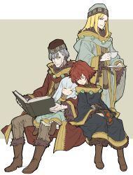 Rule 34 | 2boys, 2girls, ahoge, blonde hair, blue eyes, blue hair, blue robe, blunt bangs, book, boots, brown footwear, crossed arms, cup, etrian odyssey, fur-trimmed boots, fur trim, goeppe, green robe, hat, highres, holding, holding book, holding cup, knit hat, long hair, multiple boys, multiple girls, red hair, red robe, robe, rune master (sekaiju), rune master 1 (sekaiju), rune master 2 (sekaiju), rune master 3 (sekaiju), rune master 4 (sekaiju), scar, sekaiju no meikyuu, sekaiju no meikyuu 4, short hair, sidelocks, sitting, sitting on lap, sitting on person, sleeping, teacup