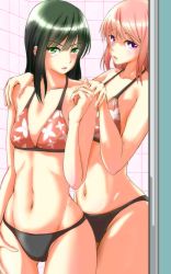 Rule 34 | 10s, 2girls, bikini, commentary, female focus, flat chest, floral print, fujish, gluteal fold, green eyes, green hair, groin, hair between eyes, hand on own thigh, hands on another&#039;s shoulders, harukana receive, highres, long hair, looking at viewer, multiple girls, navel, purple eyes, swimsuit, tachibana ayasa, thighs, tiles, tooi narumi, yuri