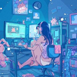 Rule 34 | 1girl, bandaid, bandaid on arm, bandaid on leg, bare shoulders, barefoot, bedroom, black hair, blue theme, book, camisole, clock, commentary, computer, computer tower, cup, desk, drawer, drawing (object), drinking, drinking glass, drinking straw, from behind, full body, headphones, holding, holding cup, indoors, keyboard (computer), knee up, limited palette, long hair, monitor, nathuo101102, nintendo switch, on chair, original, panties, pink camisole, poster (object), sitting, slippers, solo, stuffed animal, stuffed rabbit, stuffed toy, underwear, unworn slippers, wall clock, white panties