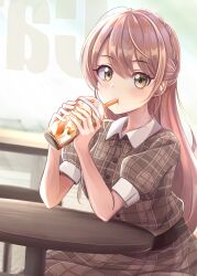 Rule 34 | 1girl, absurdres, belt, black belt, brown dress, brown eyes, brown hair, cafe, commentary request, cup, disposable cup, dress, drink, drinking straw, drinking straw in mouth, highres, holding, holding cup, holding drink, indoors, long hair, looking at viewer, original, plaid, plaid dress, puffy short sleeves, puffy sleeves, short sleeves, solo, table, yodakeke