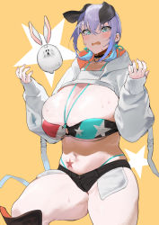 Rule 34 | 1girl, @ @, animal ears, bikini, blue eyes, breasts, commentary request, dog ears, exposed pocket, huge breasts, ikuchan kaoru, ikuchan kaoru (character), indie virtual youtuber, navel, o-ring, o-ring bikini, o-ring top, open mouth, original, purple hair, revision, short hair, shrug (clothing), simple background, solo, star (symbol), star print, star tattoo, stomach tattoo, sweat, swimsuit, tattoo, tears, thick thighs, thighs, virtual youtuber, wavy mouth, yellow background